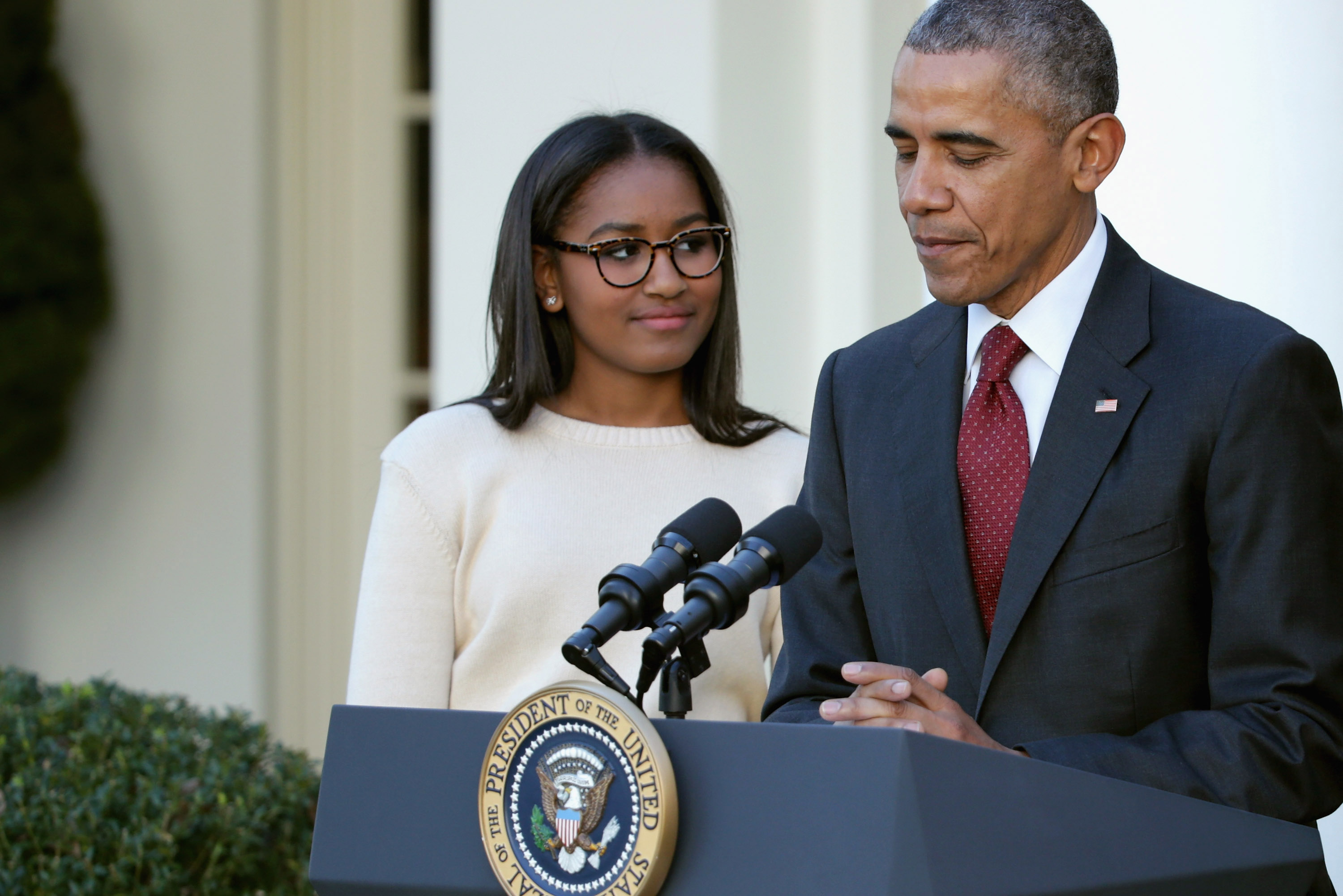 WASHINGTON, DC - NOVEMBER 25: U.S. President Barack Obama (R) and his daughter Sasha Obama participate in the turkey pardoning ceremony in the Rose Garden at the White House November 25, 2015 in Washington, DC. In a tradition dating back to 1947, the president pardons a turkey, sparing the tom -- and his alternate -- from becoming a Thanksgiving Day feast. This year, Americans were asked to choose which of two turkeys would be pardoned and to cast their votes on Twitter. (Photo by Chip Somodevilla/Getty Images)