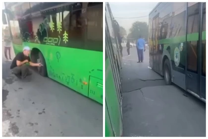 Алматыда бір апта бұрын төселген асфальт опырылып, автобустар жүре алмай қалды (видео)