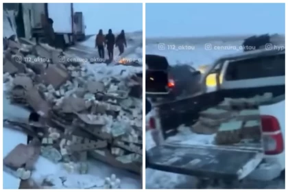 Маңғыстауда йогурт тиелген жүк көлігі аударылып қалды: Жүргізуші тауарды тегін таратты (видео)