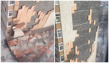 Астанада қатты жел көпқабатты үйдің қасбетін ұшырып әкетті (видео)