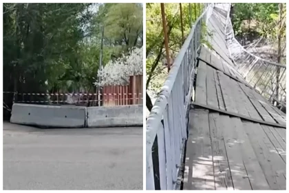 Өскеменде аспалы көпір үзіліп, адамдар 5-6 метр биіктен мұздай суға құлады