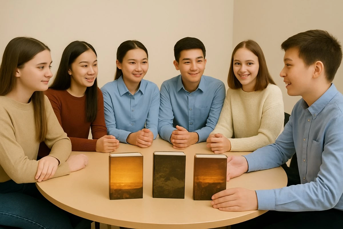 оқушылар кітап талқылайды