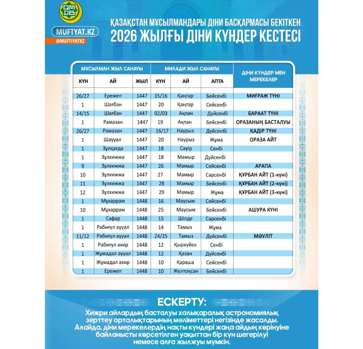 діни мерекелер кестесін бекітті