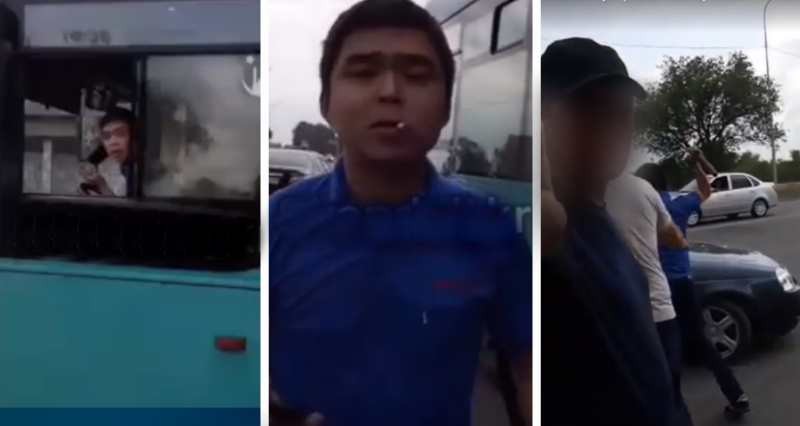 Қарағандыда автобус жүргізушісі ер адамды соққыға жығып, көлігін талқандады (видео)