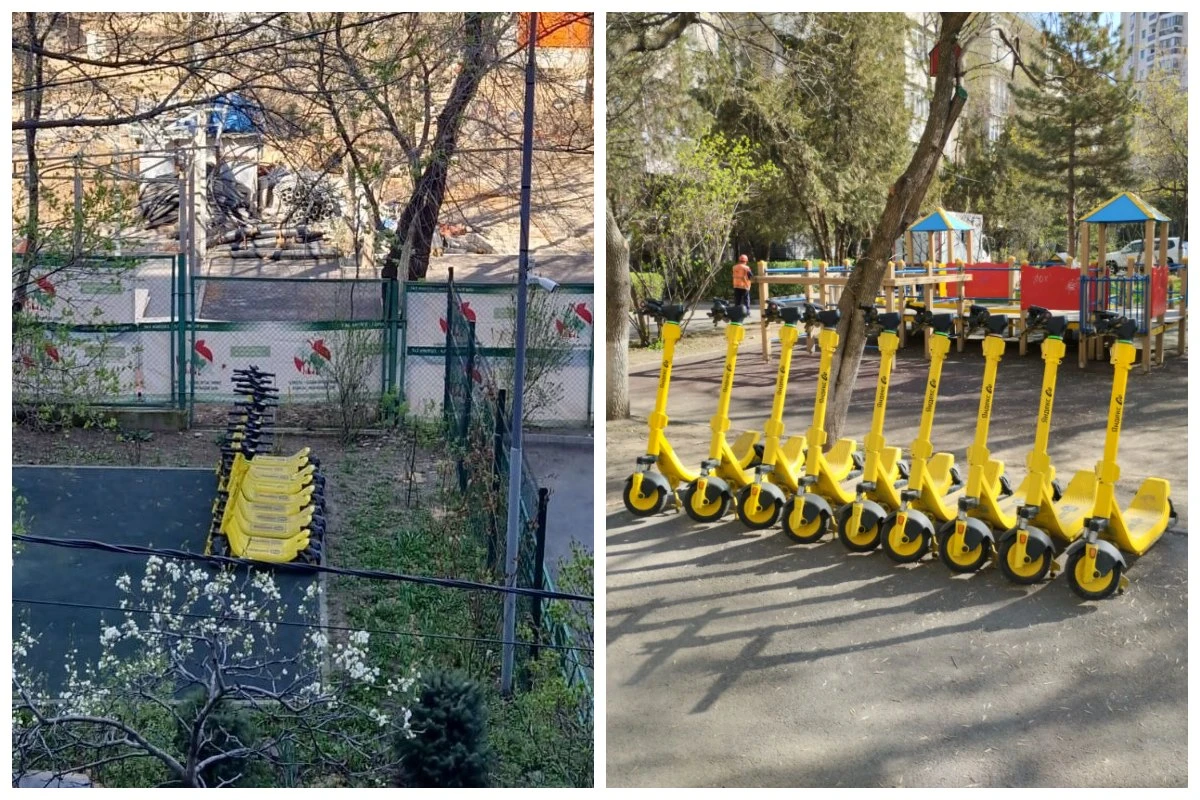 Самокаттарды балалар ойнайтын алаңға тізіп қойған