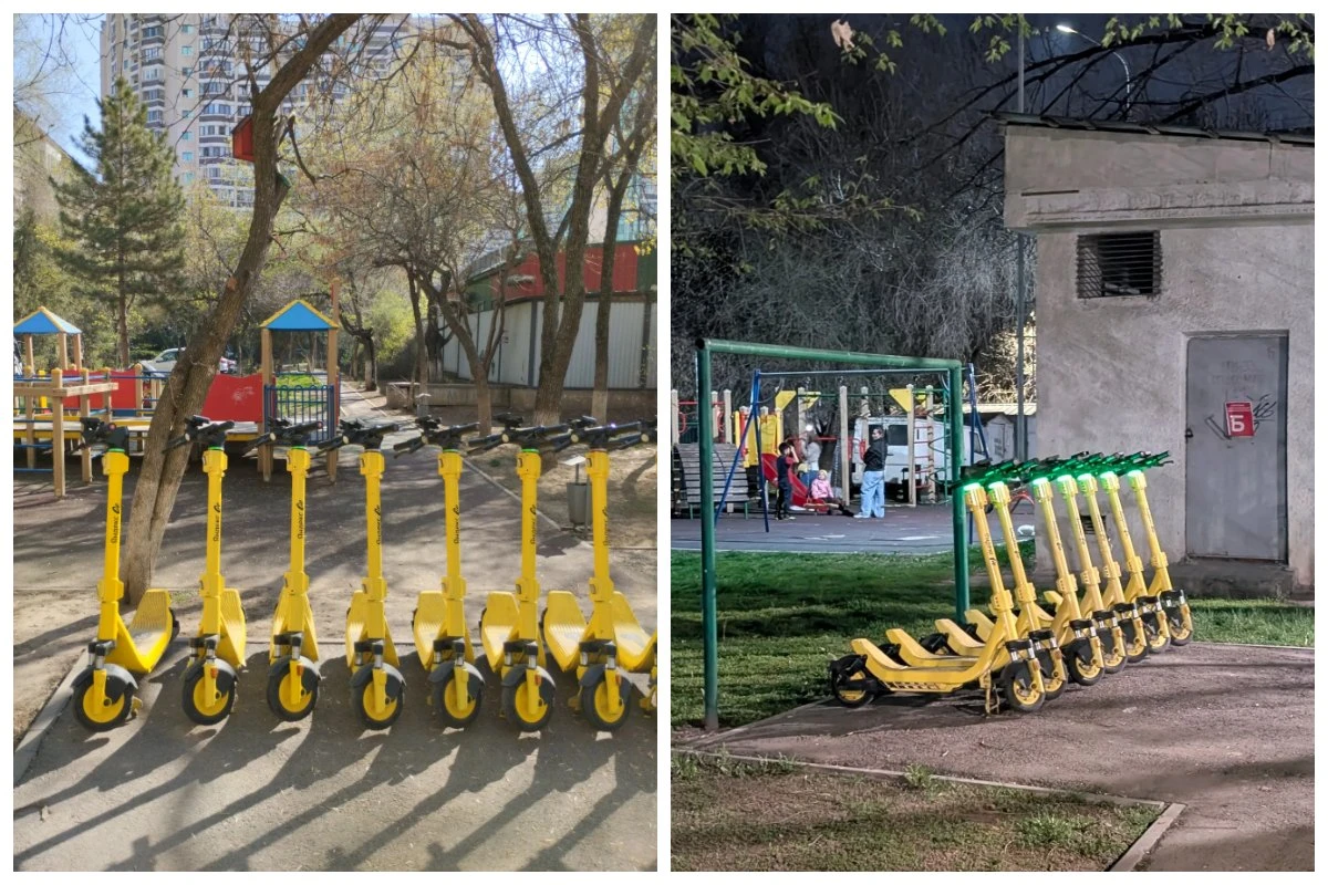 Самокаттарды балалар ойнайтын алаңға тізіп қойған