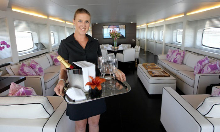 Kerry Packers Crown Casino's Infinity Yacht. Chief stewardess Paige Myles. Picture Dione Davidson The West Australian 6 Feb 2013 FAIRFAX ONLINE FIN REVIEW OUT