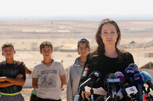 AZRAQ, JORDAN - SEPTEMBER 09: US actress and UNHCR special envoy and Goodwill Ambassador Angelina Jolie holds a press conference at Al- Azraq camp for Syrian refugees on September 9, 2016, in Azraq, Jordan. Jolie arrived at the camp and visited syrian families before speaking to the media. (Photo by Jordan Pix/Getty Images)