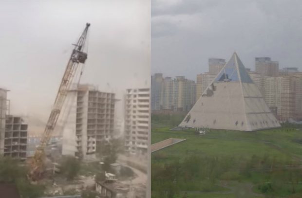 Астанада қатты дауыл мен бұршақ салдарынан кран құлап, "пирамиданың" терезесі сынған (фото, видео)